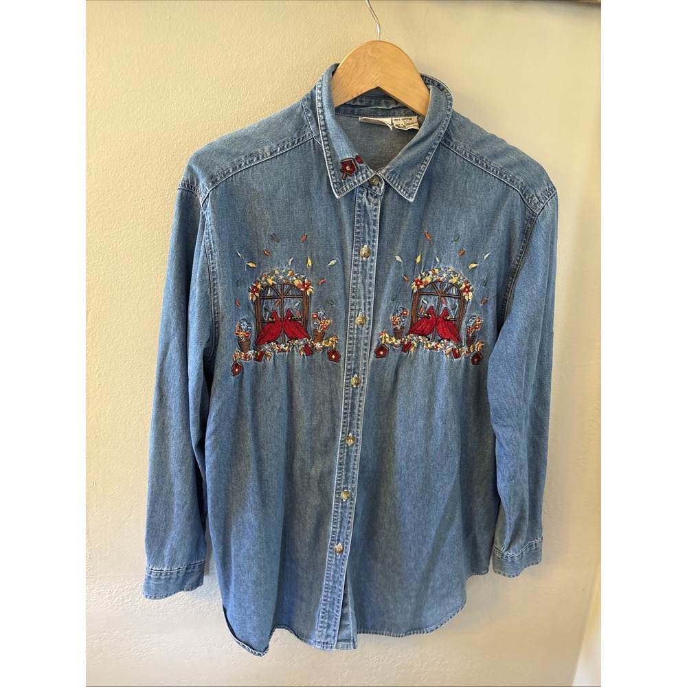 Bobbie Brooks Womens Large Button Long Sleeve Cardinal Embroidered Denim Shirt